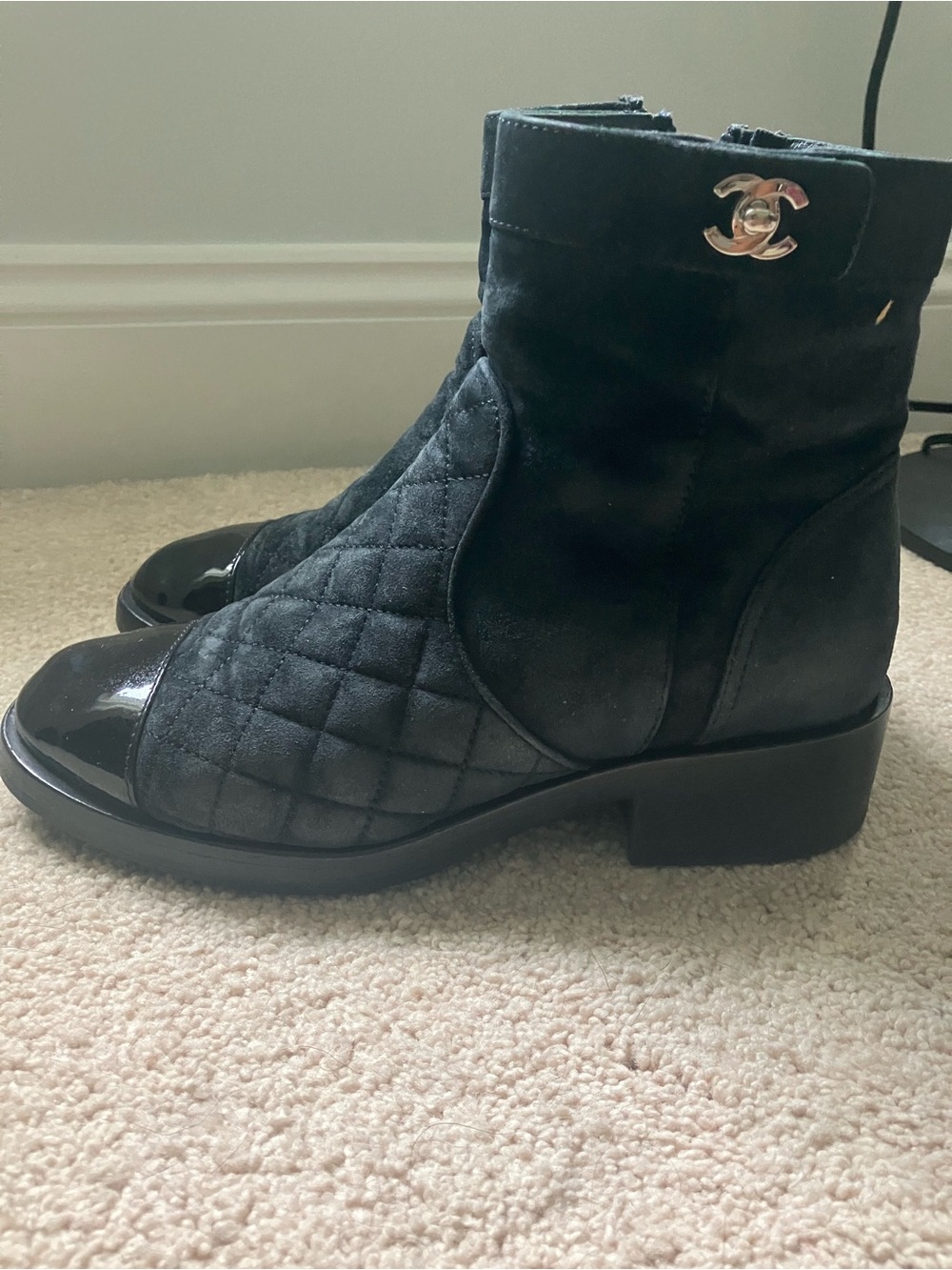 CHANEL Black Quilted Suede & Patent Leather Ankle Boots